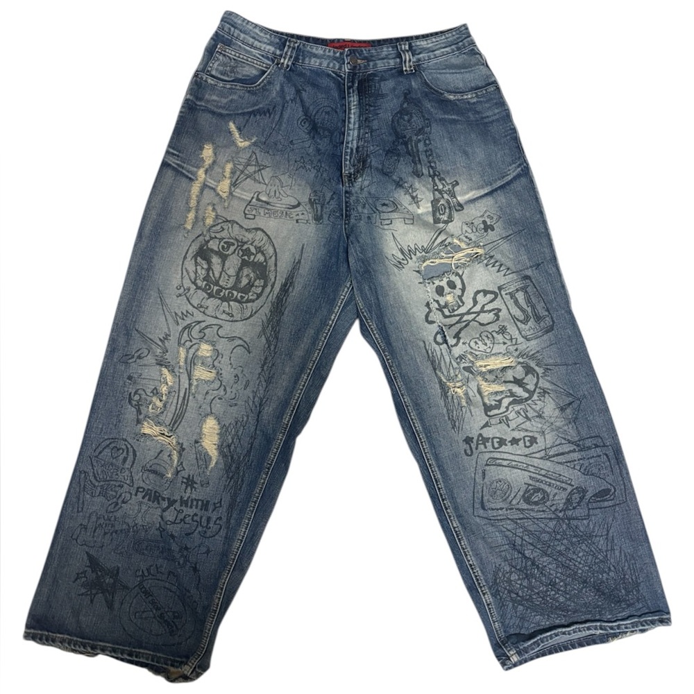 Jaded London Blue Baggy Graphic Graffiti Jeans